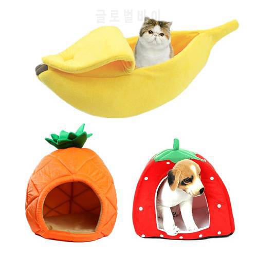 New Creative Plush Small Pet Bed House Banana Pineapple Strawberry Shape Soft Dog Cat Kennel Cage Comfortable Banana Cat Bed