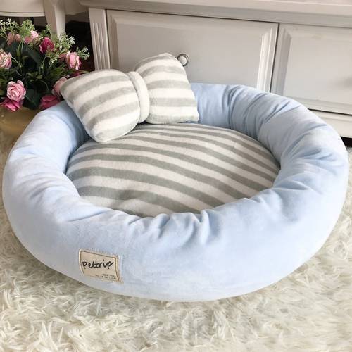Luxury Princess Kennels Bow Tie Pillow Round Dog Bed Mats Cat Puppy Warm Winter Pet Nest Sofa Cushion Doggy Teddy Bedding