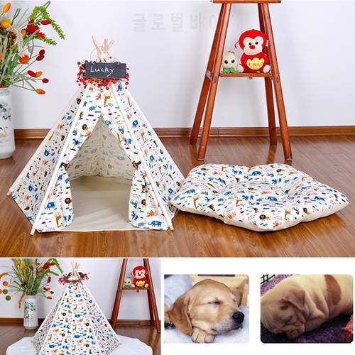 Pet Teepee Tent Dog House Cotton Canvas Puppy Kennel Bed With Mat Wood Detachable Folding Dogs Cats Nest Play Tent House Cushion
