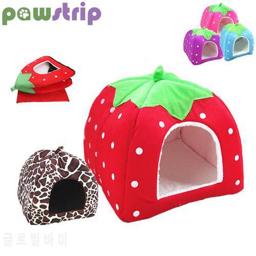 pawstrip 5 Colors Strawberry Dog Bed House Hamster Rabbit Bed Folding Cat House Soft Warm Pet Kennel For Small Dog Cats S-XXL