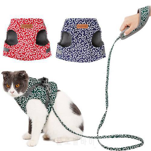 Japanese Mesh Nylon Pet Cat Harness And Leash Set Polyester Canvas Adjustable Cat Harness Vest Leash Rope Tang Grass Pattern
