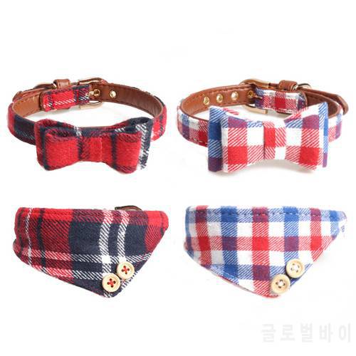 Pet Cats Collar Small Dog Bandana Plaid Bow Scarf for Puppy Adjustable High Quality Collar Leash Set Necklace Dog Accessories