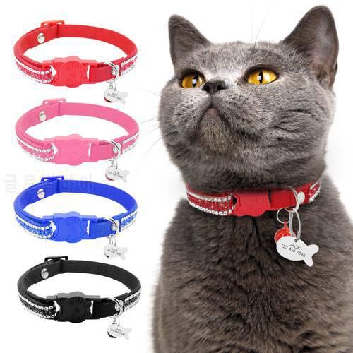 Cat Collar Personalized Accessories Crystal Cats Products for Pets Quick Release Rhinestone Leather Kitten Collar with Id Tag
