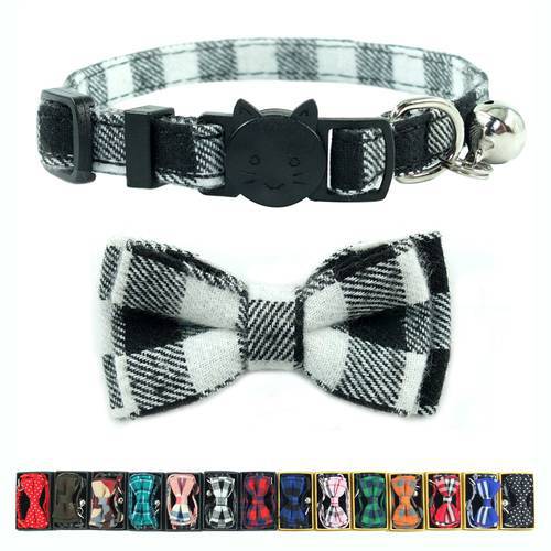 XPangle Black&White Plaid Cat Collar Breakaway with Bells Bow Tie Quick Release Collar for Cat Kitten Puppy Accessories 17-28cm