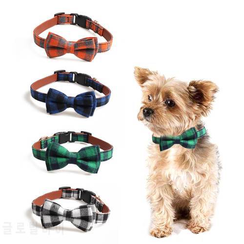 Plaid Bowknot Dog Collar Leather Quick Release Buckle Collars Cotton Puppy Cats Collars Small Dogs Bow Tie Pet Necklace