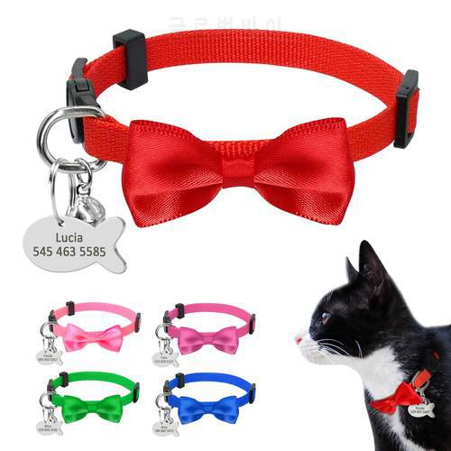 Personalized Dog Cat Safety Collar Quick Release Nylon Small Dogs Cats Engraved Collars Bowknot With Bell Anti-lost Fish ID Tag