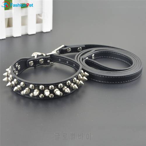 Hot Sale PU Leather Pet Dog Collars Round Spikes Studded Dog Puppy Collar and Leash Set for Pitbull Boxer Mastiff