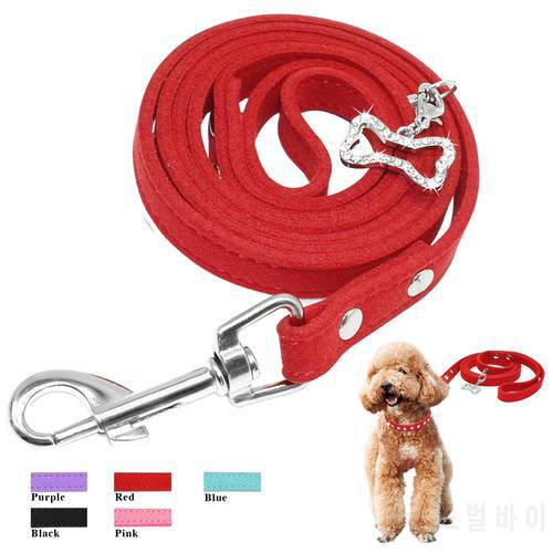 Soft Suede Leather Pet Dog Leash Cats Dogs Walking Lead Rope With Bling Rhinestone Bone Pendant Pet Cat Collar Leashes Strap