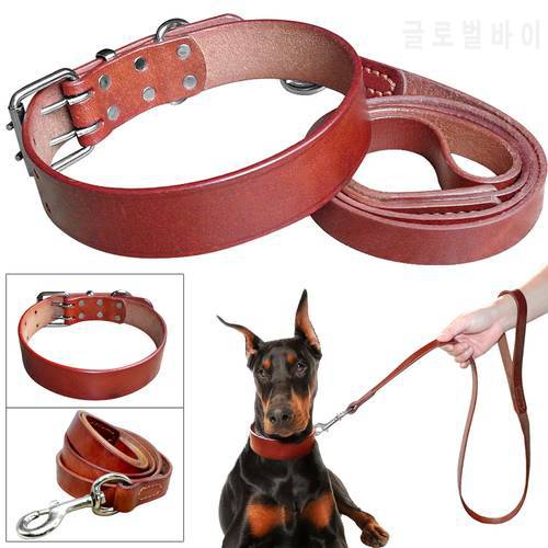 Luxury Soft Genuine Leather Pet Dog Collar and Leash Set For Small Medium Large Dogs Adjustable Brown Color