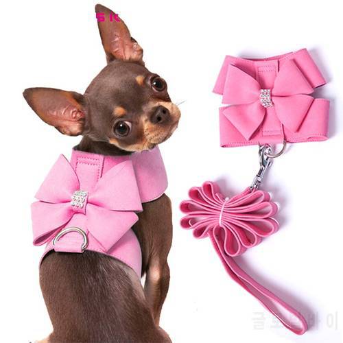 Brand Soft Suede Leather Small Pet Dog Harness for Puppies Chihuahua Yorkie Cute Pet Harness with Leash Bow Rhinestones Hot Sale
