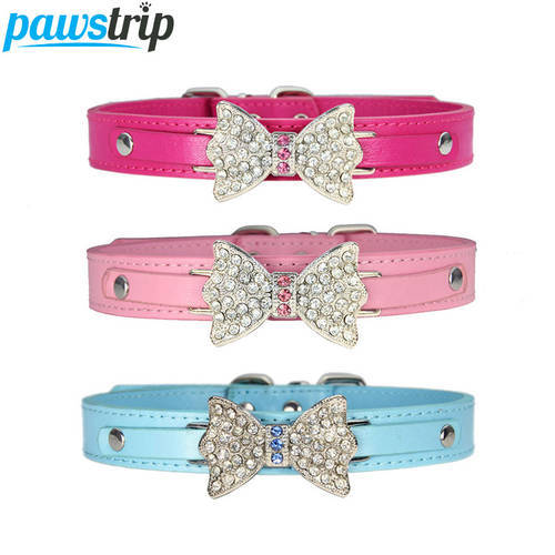 pawstrip 5 Size Pet Small Dog Collar Leather Bow Cat Collar Bling Rhinestone Puppy Collar Pomeranian Teddy Collar For Dogs