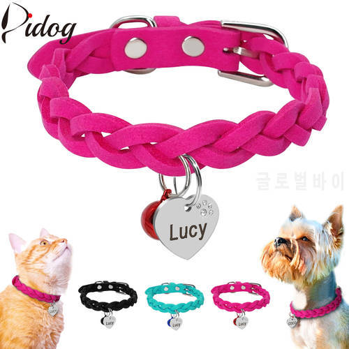 Suede Leather Dog Collar Braided Dog Puppy Cats ID Collar With Name Tag Personalized Engraved for Small Medium Dogs Free Bell