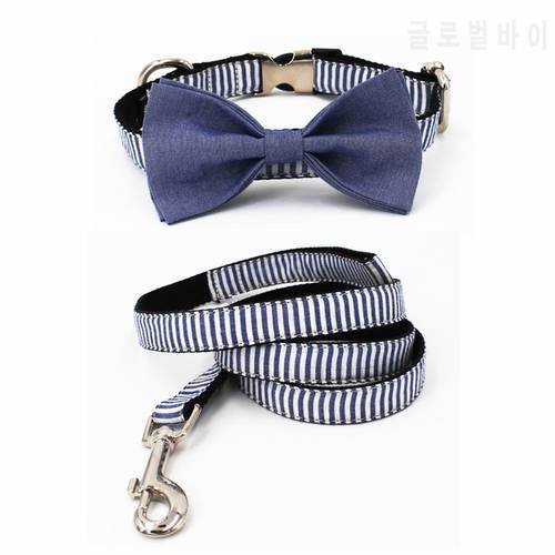 Gentleman stripe dog collar bow tie blue personal custom adjustable pet pupply100% cotton dog &cat necklace and dog leash