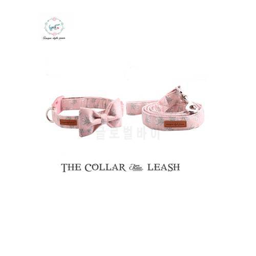 Pink White Floral Dog Collar with Bow Tie Handmade Plastic Buckle Dog&Cat Collar Pet Products Fashion Dog Collar and Leash Set