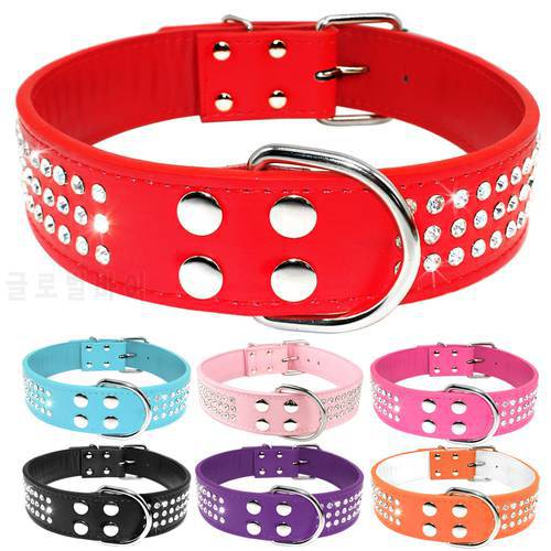 Dog Collar Leather Large Dog Collars Sparkly Crystal Diamonds Studded Pet Collar for Medium Large Dogs Red Pink Black