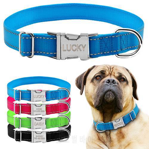 Reflective Nylon Personalized Dog Collars Custom Pet Tag Collars Engraved With Metal Buckle 4 Colors S M L