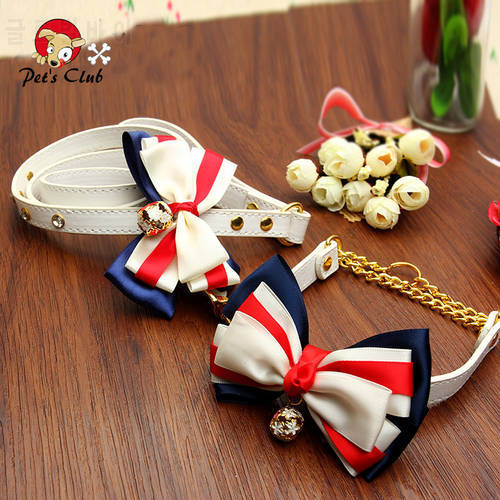 Dogs Collar+Leash Set Pets Puppy Soft Pu Walking Lead Chains With Dogs Bow Leash Sailor Style S M