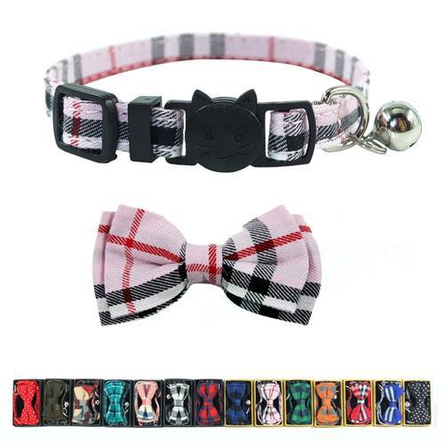 XPangle Pink Plaid Color Cat Collar Breakaway with Bow Tie Bell Quick Release Collars for Cats Puppies Kitty Accessories 17-28cm