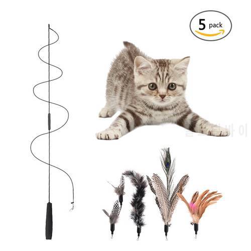 Multi Feather Cat Teaser Cat Toy Pet ToyWith 5 Replacement Heads Funny Cat Feather Stick With A Bell Cats Toy Flying Training