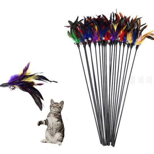 1pcs Pet Cat Teaser Toy Feather Rod with sound Bells Cat stick Colorful Feathers Teaser stick Toy Cat Rods Pet Interactive Toys