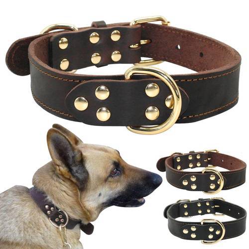 Genuine Leather Dog Collar Working Dog Pet Training Collars Heavy Duty For Medium Large Dogs German Shepherd Brown Color