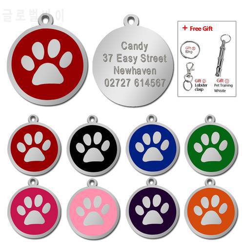 Customized Dog ID Tag Pet Personalized Tags Engraved Round Paw Pet Nameplate Pendant For Dogs & Cats With Free Gift Whistle