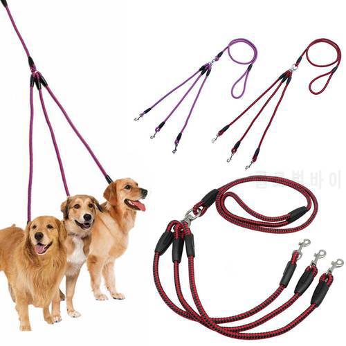Adjustable Nylon 3 Way No-Tangle Triple Couple Pet Dog Walking Leash Lead with Padded Soft Handle Breakaway 3 Heads Lead Leash