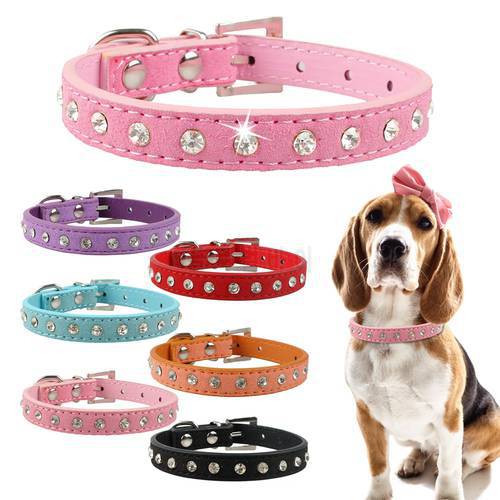 Rhinestone Dog Collar for Chihuhua Soft Suede Leather Small Dog Collars Crystal Cat Collar for Small Dog Puppy Cat 3 Sizes
