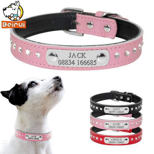 Custom Leather Dog Collars Adjustable Padded Rhinestone Personalized Dogs ID Collar Free Engraving For Small Medium Dogs Cats