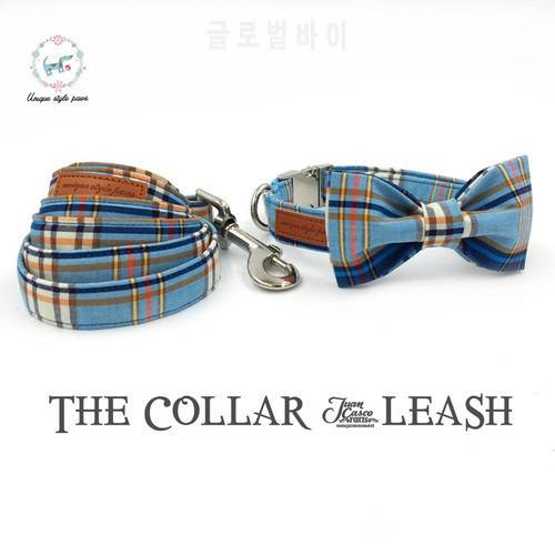 Personlized Fashion Blue Cotton Plaid Dog Collar and Leash Set with Bow Tie Pet Necklace Jewelry Accessory
