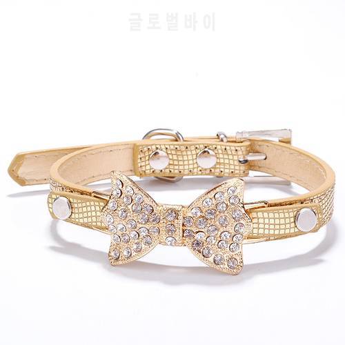 Rhinestone Dog Collars Small Dogs Bling Crystal Bow PU Leather Pet Collar Puppy Cats Necklace Dog Harness Leash Dog Accessories