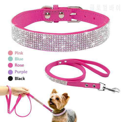 Didog Suede Leather Puppy Dog Collar Leash Set Adjustable Rhinestone Cat Collars Walking Leashes For Small Medium Pets XS S M