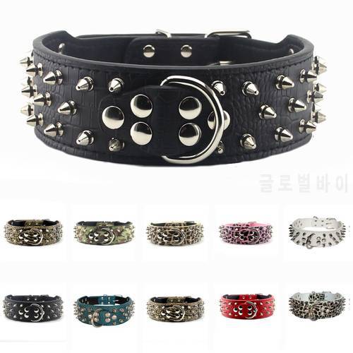 2 Inch wide 3 Rows Sharp Spiked Studded Leather Medium Large Dog Pet Collar Studs Collar for Pitbull Bulldog Mastiff More Breeds