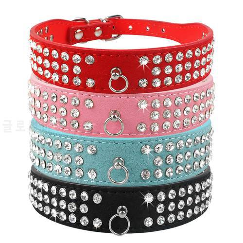 Rhinestone Dog Collar 3 Rows Suede Leather Diamante Cat Puppy Collars 5 Colors For Small Medium Dogs Chihuahua Yorkshire
