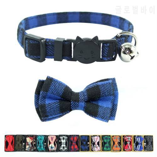 XPangle Plaid Lattice Cat Collar Breakaway Bowtie Bell Quick Release Cotton Collars for Puppies Cats Kittens Accessories 17-28cm