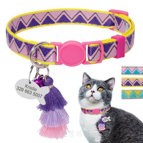 Personalized Cat Collar Quick Release Cats Safety Collars Necklace With Bell Fish ID Tag Nameplate Free Engraving Bohemian Style