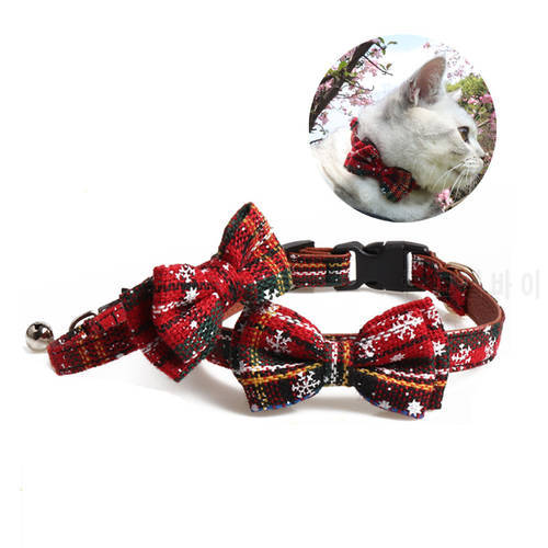 Cute Bowknot Pets Cats Collars Christmas Snowflake Small Dogs Necklace Bow Tie Decor Soft Leather Red Striped Puppy Cat Collar