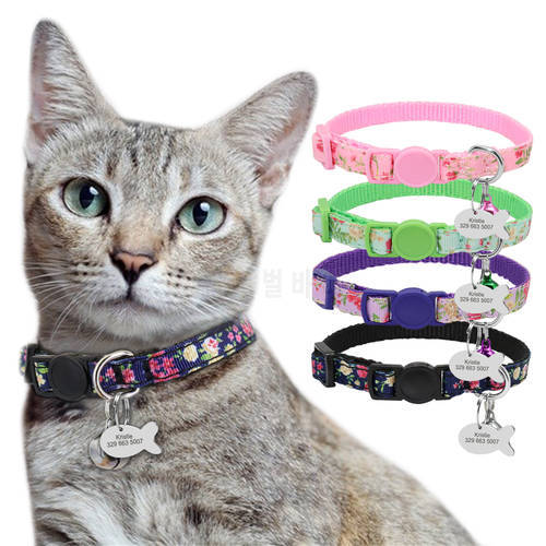 Personalized Cat ID Tag Collar Quick Release Pet Puppy Kitten Collars With Bell Safety Adjustable For Small Dogs Cats Pets Pink