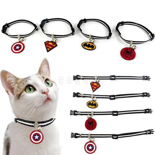SUPREPET Cat Puppy Collar Nylon Black and White Adjustable Strap Collar With Bell and 4 Types Super Heros Tag