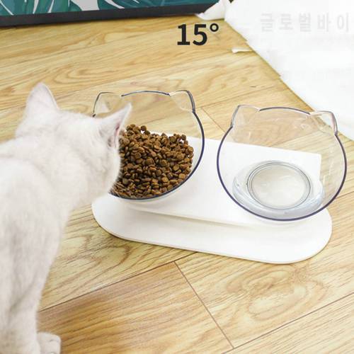 Cat Bowl Transparent Double Bowl Food Water Bow Dish Rack Dog Bowl Oblique Mouth Protection Spine Pet Supplies Cat