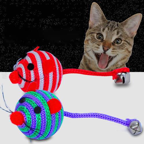 1PC Cat Supplies Lovely Stripe Nylon Rope Round Ball Mouse Long Tail Bell Pet Cat Bite Play Toy Training Toys Pet Supplies