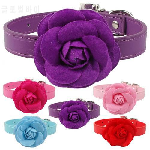 PU Leather Dog Pet Collars Cute Necklace With Flower For Small Dogs Puppy Pink Red Purple Blue Rose Neck For 8-18