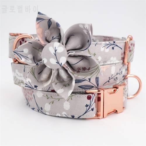 grey floral girl dog collar flower for big, small dog cotton fabric collar with rose gold metal buckle