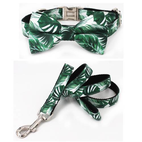 Dog Collar and Leash Set with Bow Tie Pretty Tropical Leaves Metal Buckle Big and Small Dog&Cat Collar Pet Accessories