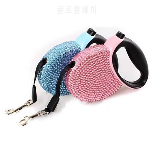 Pet Retractable Leash With Rhinestone Bling Crystal Cat Puppy Dog Lead Pink Blue 3M Flat Line Shipping