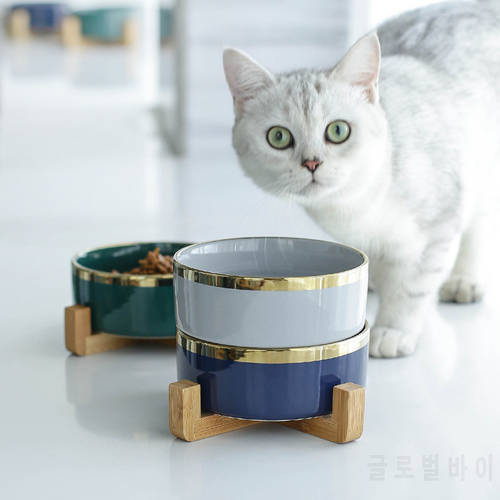 Cute Ceramic Cat Bowl Universal Pet Eating Drinking Bowl Bamboo Rack Antiskid Dog Cat Tableware Bowls Pet Supplies