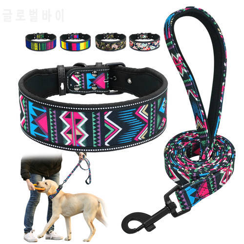 Soft Nylon Dog Collar And Leash Set Reflective Padded Dog Collar Fashion Printed Adjustable Pet Collars For Medium Large Dogs