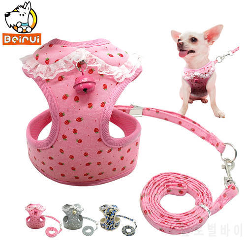Dog Harness Vest and Leash Set Step-in Mesh Printing Dog Vest Harnesses for Small Medium Dogs Puppy Chihuahua Cat Pink