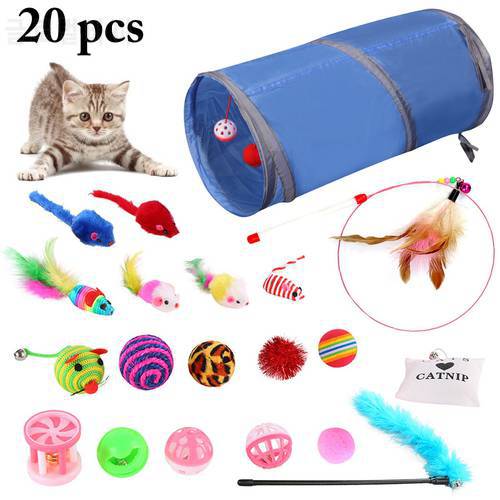 Cat Toy 20Pcs/Set Pet Kit Collapsible Tunnel Cat toy Fun Bell Feather Mice Shape Pet Kitten Dog Cat Interactive Play Supplies