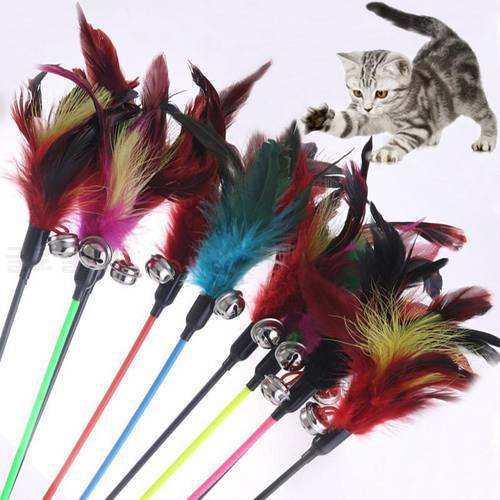 Cat Toys Cat Stick Feather Color With Small Bell Natural Like Birds Random Color Black Pink Coloured Pole Interactive Toys 23